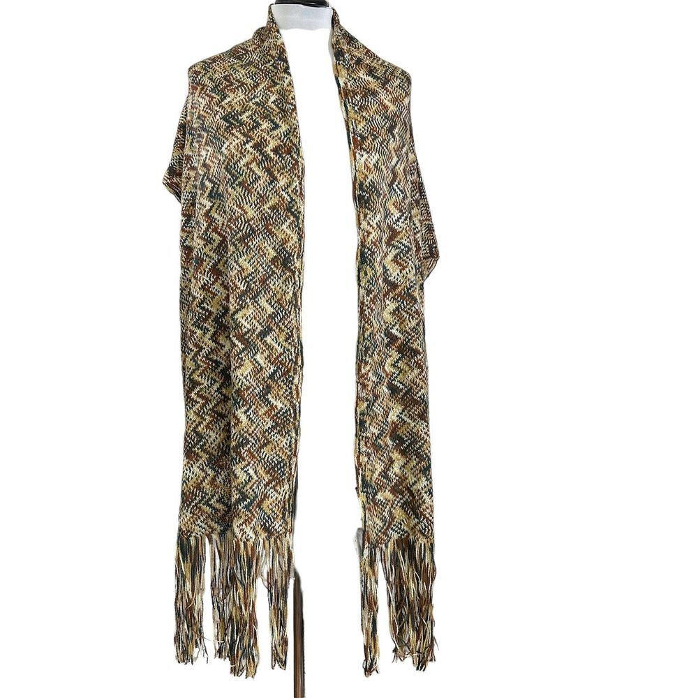 Cejon Knit Scarf 37" Long x 18" Wide Brown Green Gold Tan Chevron Weave